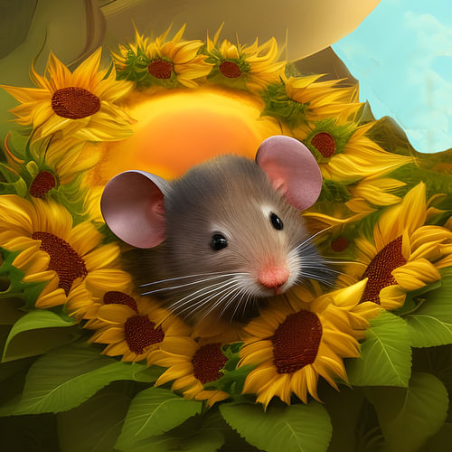 Muis tussen de zonnebloemen
