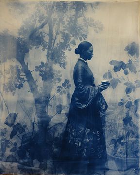 Vintage print in blue of a woman in a tropical landscape by Studio Allee