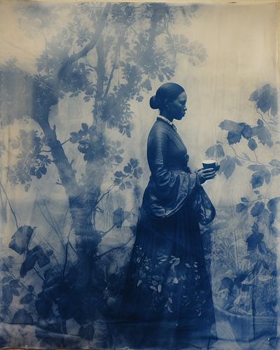 Vintage-Druck in Blau einer Frau in einer tropischen Landschaft