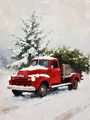 Snowy red truck with Christmas tree