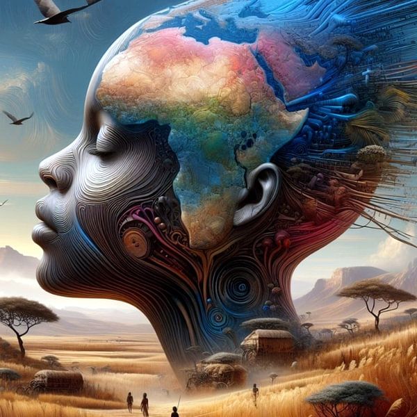 Afrikanische Frau in Landschaft 4 von Yvonne van Huizen