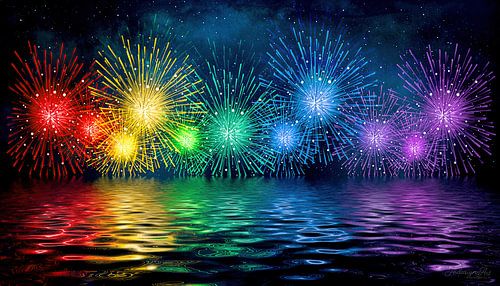 Vuurwerk boven zee als vluchtig teken van diversiteit, vrijheid en saamhorigheid