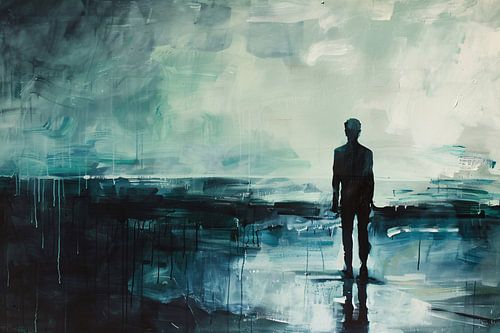 Abstract schilderij van man in landschap