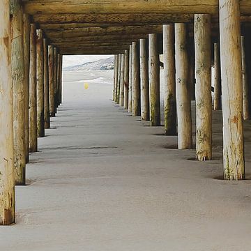 Doorkijkje van contructie op houten palen. van John van Liempt
