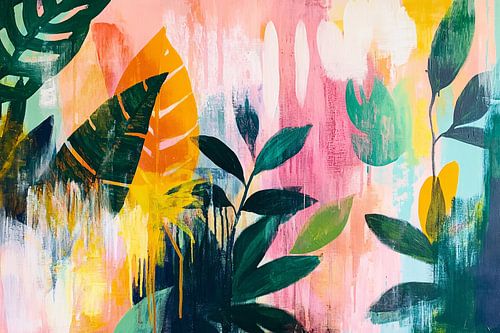 Abstract kleurrijk schilderij met bladeren