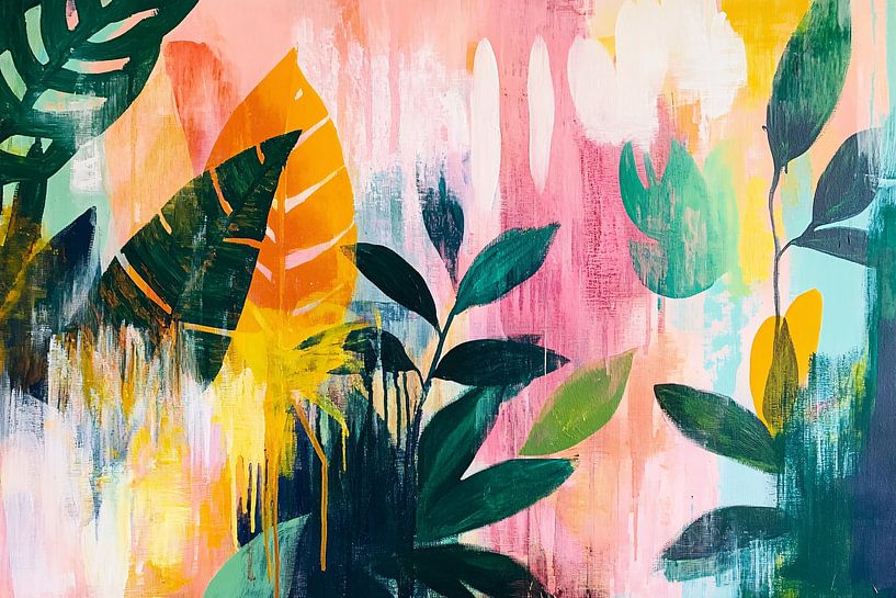 Abstract colourful painting with leaves by Art & Soul Creations