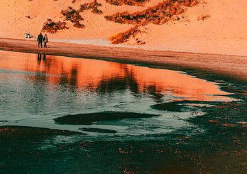 Le sable chaud des dunes se reflète dans un lac d'hiver comme un vieux film négatif. sur Jan Willem de Groot Photography