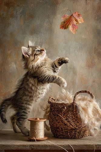 Kitten with Falling Leaves - Atmospheric Autumn Still Life by Joriali photography and paintings