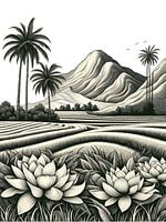 Illustration d'un paysage de lotus en noir et blanc - Elegant Nature Art