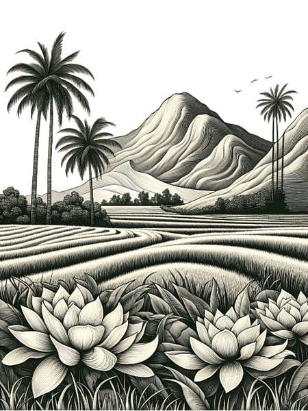 Black and White Lotus Landscape Illustration – Elegant Nature Art by Ruliyreed