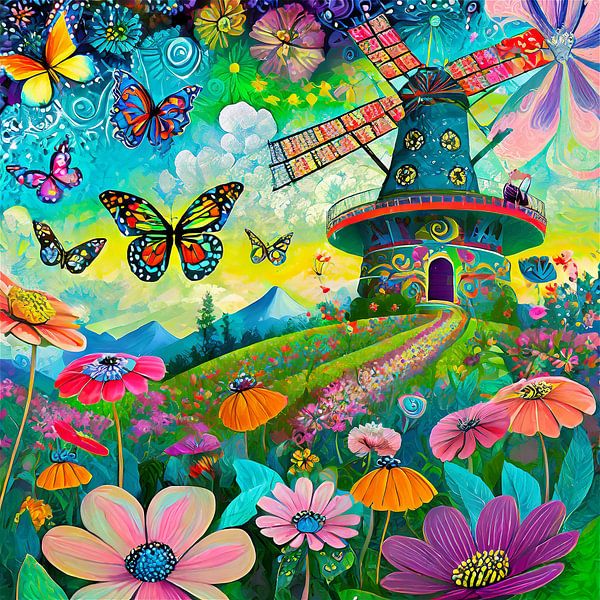 Colourful mill, butterflies and flowers by Jan Bouma