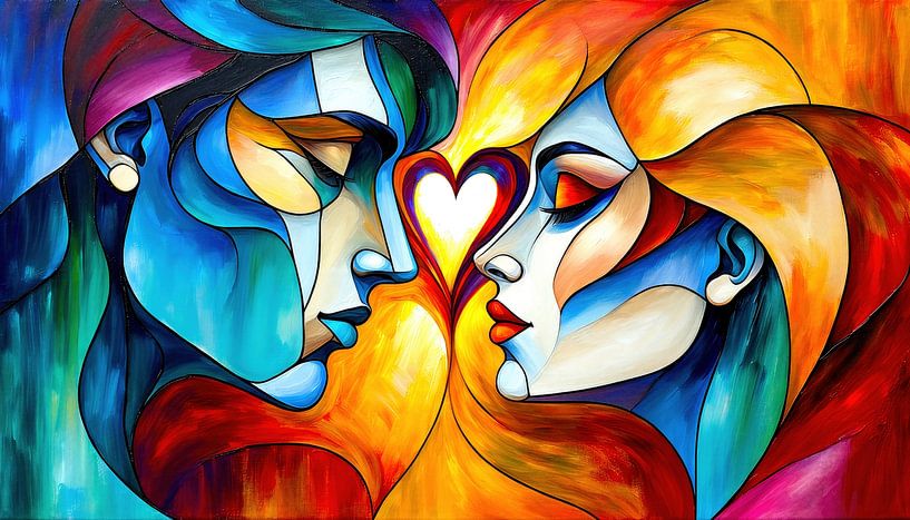 Cœur de l'amour : les lignes entrelacées de deux âmes - Les visages de l'homme et de la femme dans un dialogue silencieux entre désir et unité par AidasignArt