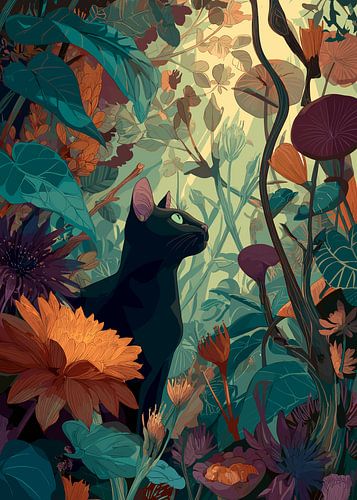 Chat mystique dans la jungle en fleurs