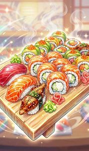 Ein Sketch-Menü,  arrangierte Sushi-Platte mit Maguro, Sake, u