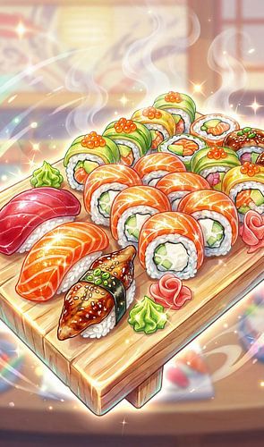 Ein Sketch-Menü,  arrangierte Sushi-Platte mit Maguro, Sake, u von Ariadna de Raadt-Goldberg