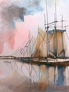 Aquarel schilderij: Hollands Havenzicht. van Studio Pieternel