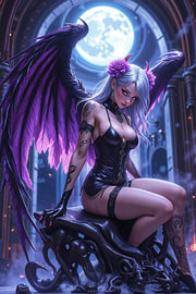 Dark Fantasy Anime Wandbild: VELMORIELA – Sexy Anime Gothic Angel Girl in einer Kathedrale im Mondlicht von INFERAURUM - Dark Fantasy Wall Art