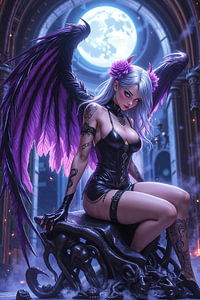 Dark Fantasy Anime Cyberpunk Wall Art: VELMORIELA – Sexy Anime Gothic Angel Girl in a Cathedral in t