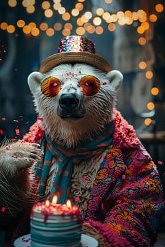 Grappige ijsbeer met verjaardagstaart in retro disco stijl van Felix Brönnimann