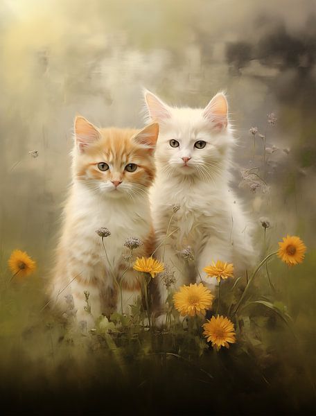 Cheerful Kittens in Sunlit Meadow by Emil Husstege