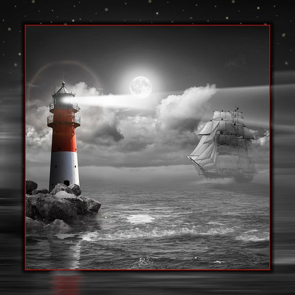 Vuurtoren en zeilboot onder belichting - SW Colorkey van Monika Jüngling