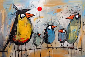 Bird row | Colourful bird painting by Blikvanger Schilderijen