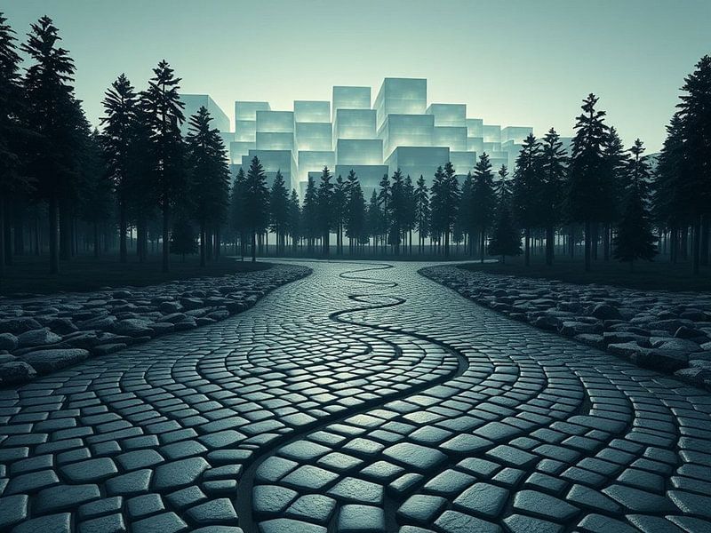 Serpentine Stone Path Through Twilight Woods Leading to a Luminous Cubic Metropolis by Artistic