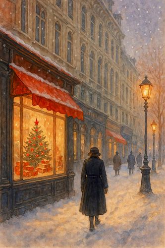 Veille de Noël en ville (IA)( lèche-vitrines, nostalgie, confortable, atmosphérique, romantique sur Natalie Bruns