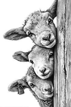 Goat Family Peeking Fence Vintage Line Art