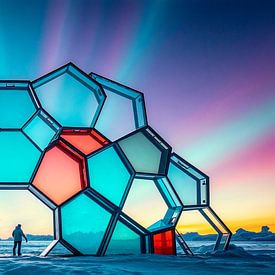 Zukunftsvision Aussichtsturm aus Buntglas vor Polarlichter von Liona Toussaint