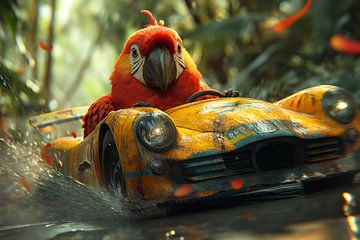 Grand Prix van de jungle: een papegaai in de snelle rijstrook van artefacti