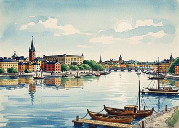 Stockholm rivier aquarel schilderij van Artkreator