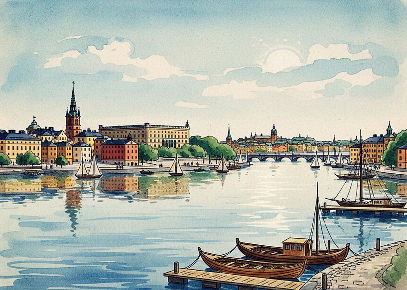 Stockholm rivier aquarel schilderij van Artkreator