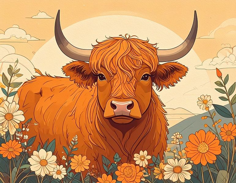 Scottish highlander coloured drawing by Emiel de Lange