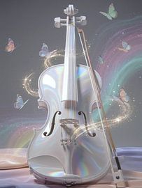 Un violon aux reflets irisés de rêve, baigné d'une lumière pastel et parsemé de papillons