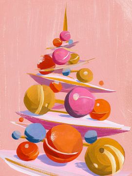 Abstrakter pastellfarbener Weihnachtsbaum mit bunten Ornamenten auf rosa Hintergrund von But First Framing