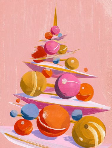 Arbre de Noël abstrait pastel avec des ornements colorés sur fond rose