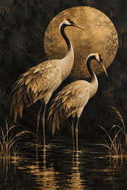 Golden Cranes – Japanese painting on black
