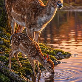 Deer family by the lake in the golden sunset by Max Steinwald