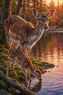 Reh Familie am See im goldenen Sonnenuntergang