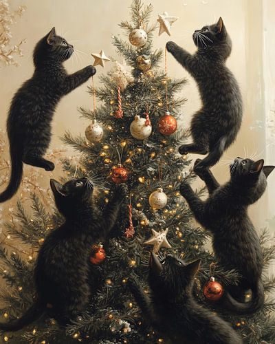 Feestelijke katachtigen en de kerstboom