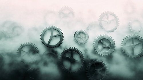 Roterende metalen tandwielen in een rookwolk