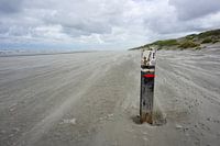 Weathered beach post with deserted beach
