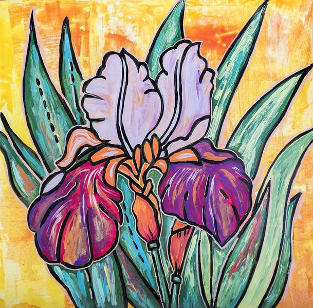 Blumenkarte mit Acrylmalerei. Iris von Ariadna de Raadt-Goldberg