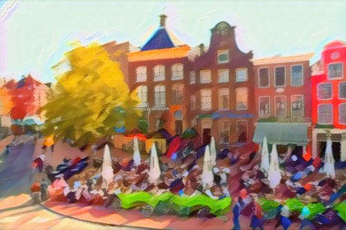 Kleurrijk Schilderij van Groningen Drie Gezusters op de Grote Markt in de stijl van Kandinsky