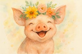 Aquarell Ferkel mit Blumenkrone Illustration von Markus Gann