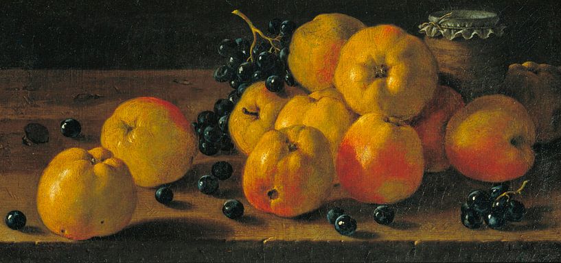 Stilleven met appels, druiven en een potje jam, Luis Eugenio Meléndez van Meesterlijcke Meesters