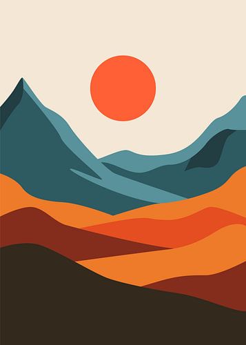 De minimalistische uitstraling van abstracte bergketens onder een warm ondergaande zon.