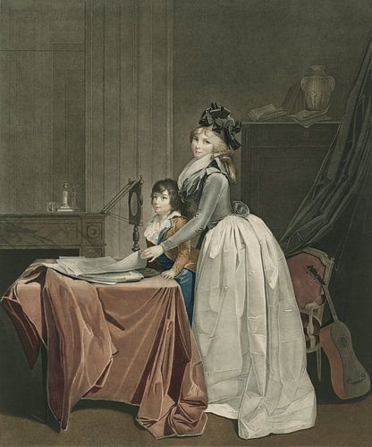 Portret van Louise Sébastienne Danton met stiefzoon achter een opticaspiegel, J.F. Cazenave