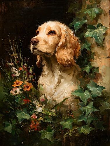 Gouden cocker spaniel in de klimoptuin